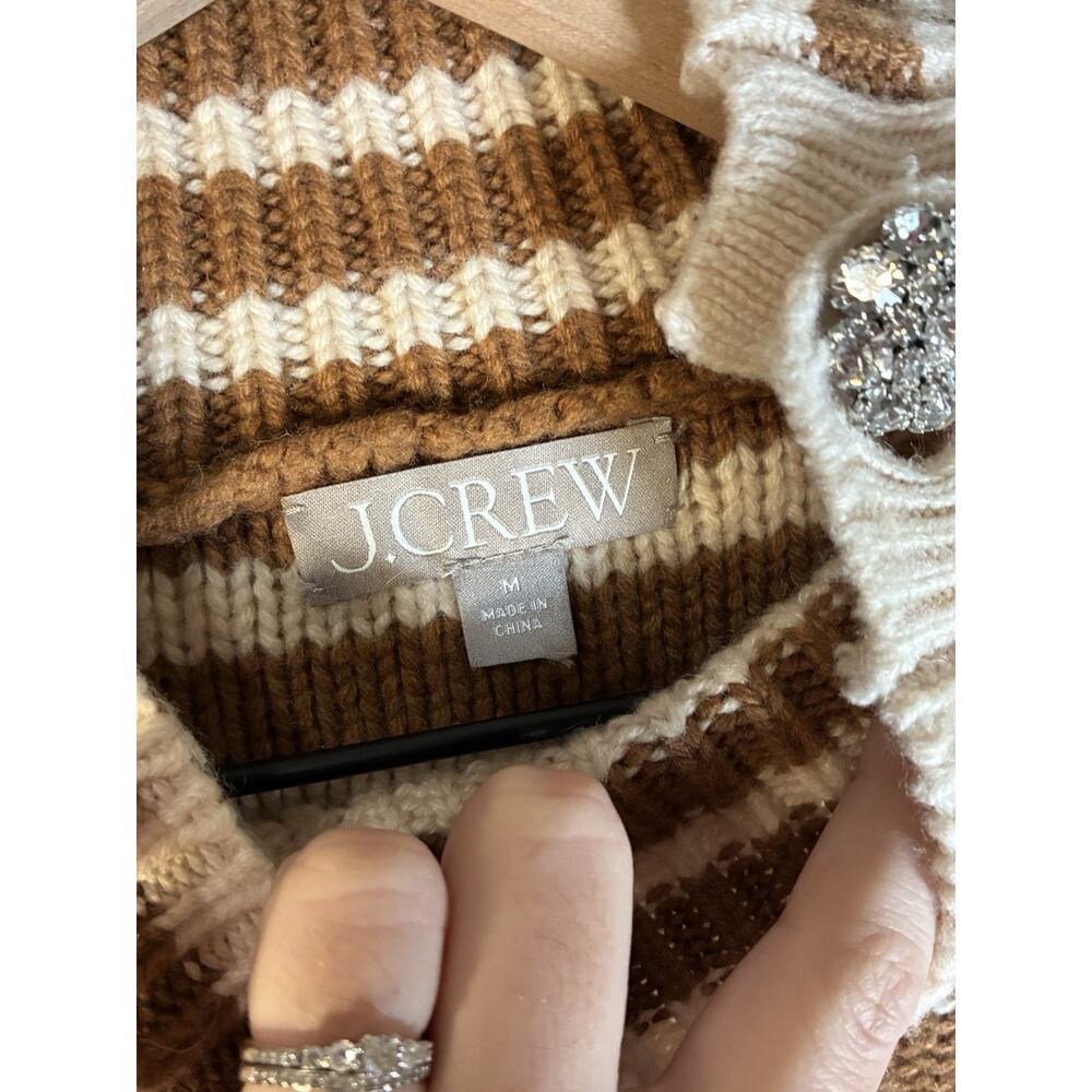 J.CREW CARAMEL NATURAL CABLE KNIT MOCKNECK STRIPE JEWEL BUTTONS SWEATER BM301 M - Picture 4 of 8